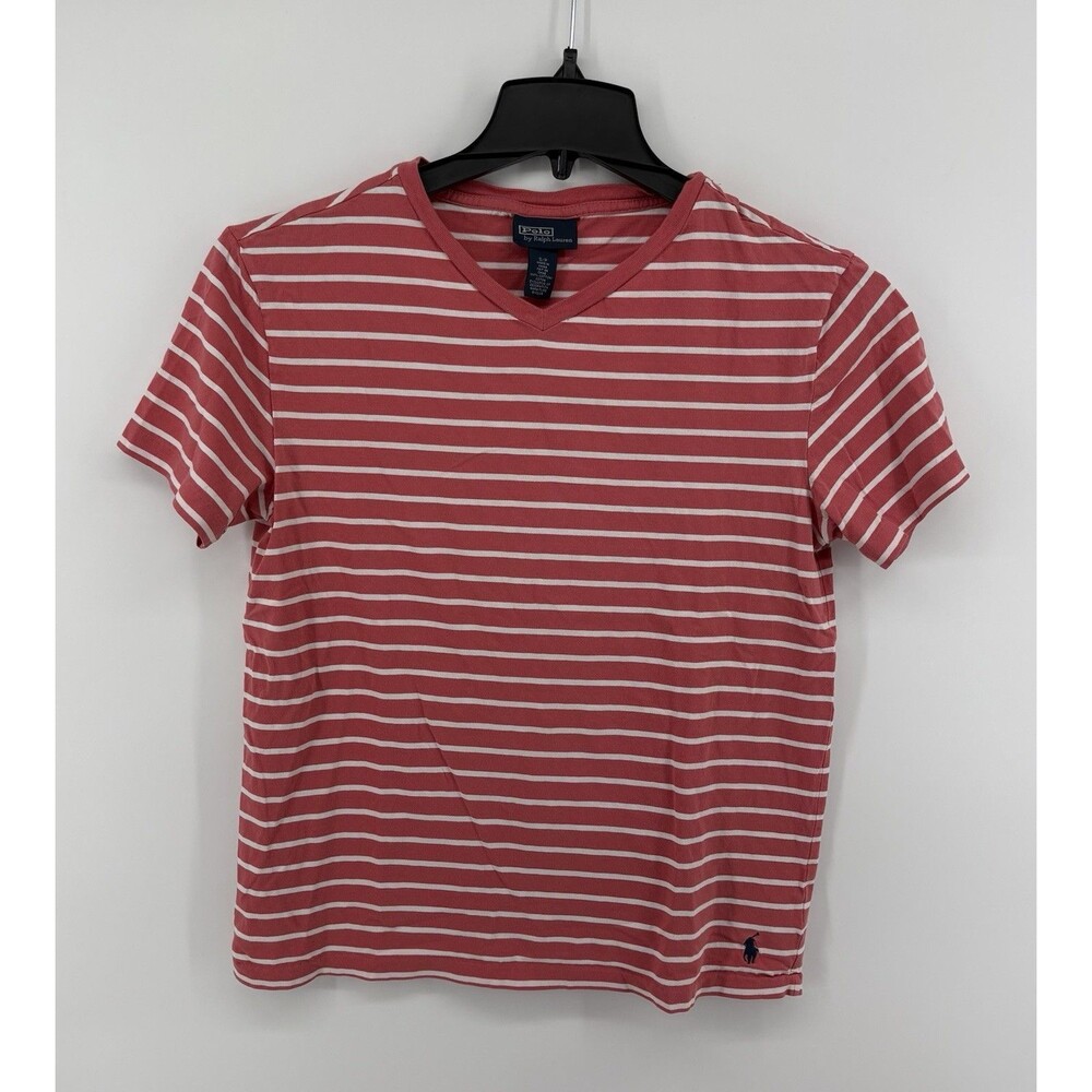 Polo Ralph Lauren Women’s V Neck T-Shirt Pink/White Stripe Size Small